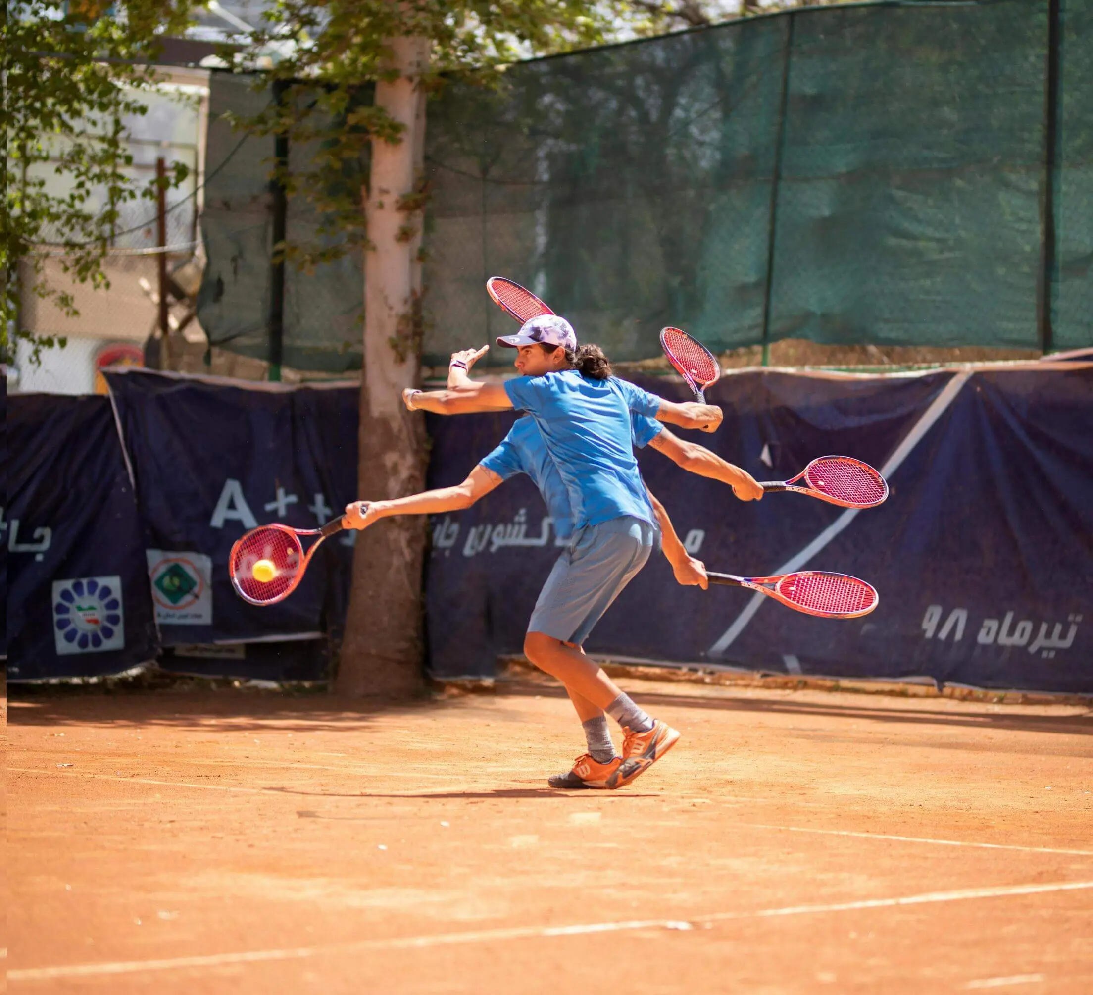 Multi-exposure image of a tennis player hitting a forehand, illustrating the movement and technique analysis available through our online tennis program for your tennis development plan.