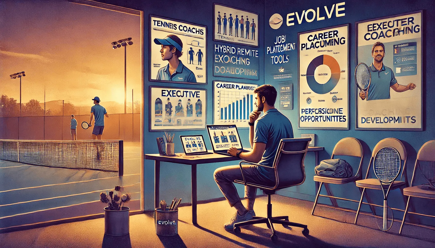 Illustration showing a coach reviewing data and strategy, highlighting Evolve's programs for tennis club development and coaching, integrating science based tennis training principles for high performance tennis program delivery.